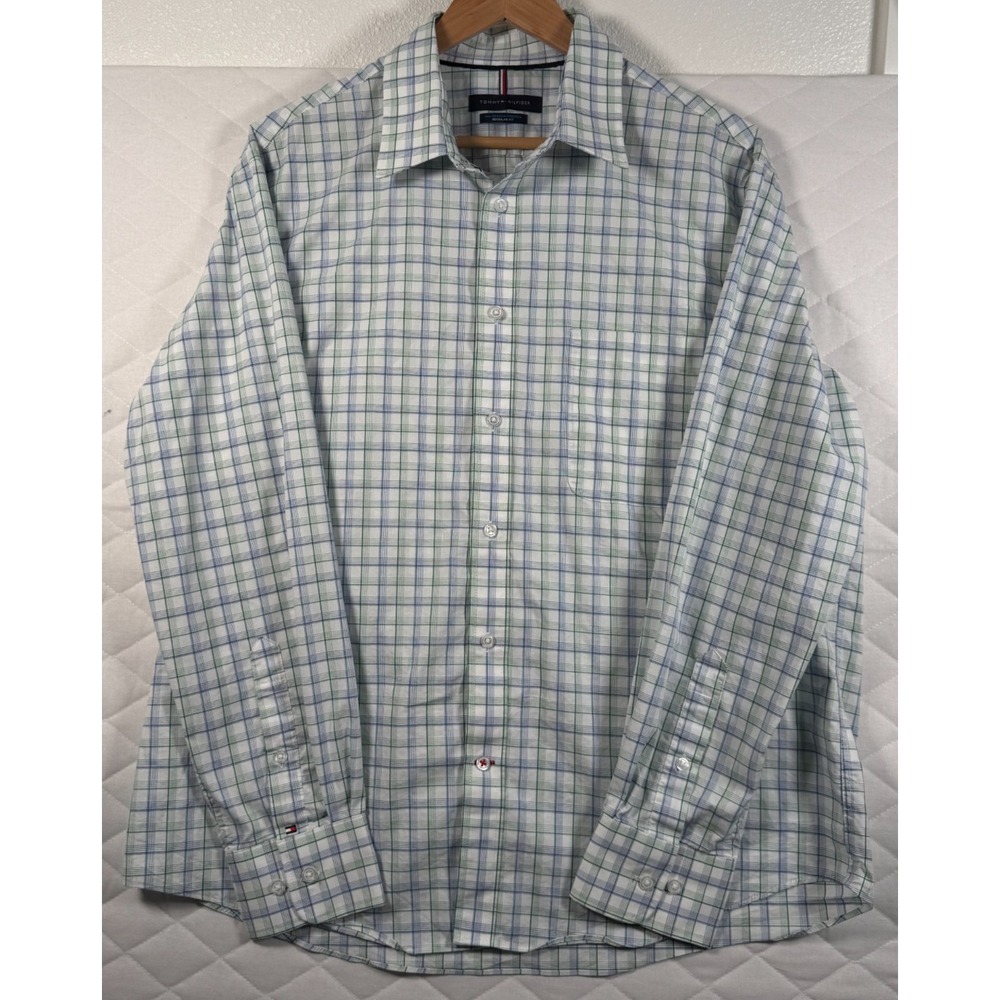 Tommy Hilfiger Dress Shirt Mens L 16 32/33 Green Blue Plaid Button Up